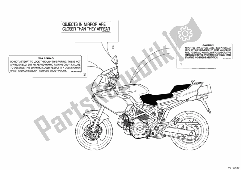 Alle onderdelen voor de Waarschuwingsetiketten van de Ducati Multistrada 620 USA 2006